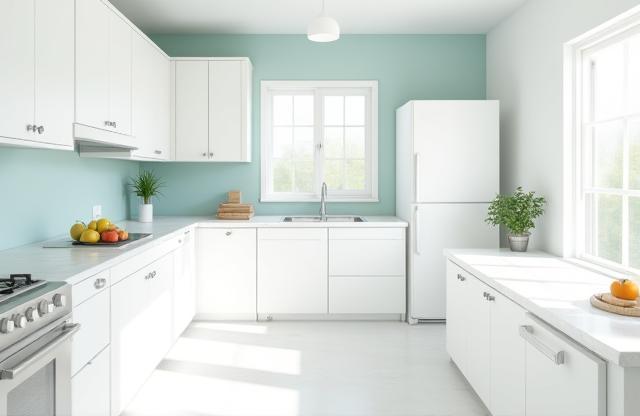 Bright and airy kitchen featuring white shaker cabinets and light quartz countertops