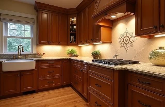 Completed classic kitchen with wooden cabinets and granite countertops