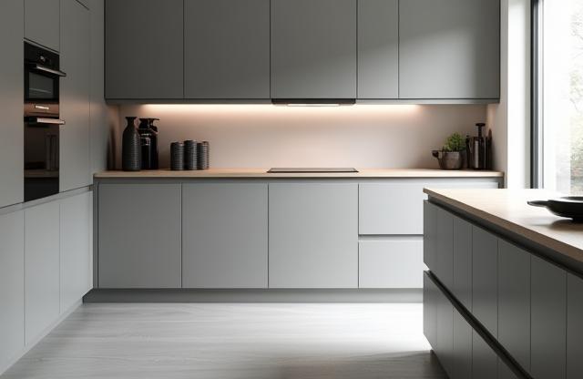 Modern minimalist kitchen with sleek grey cabinets and integrated handles