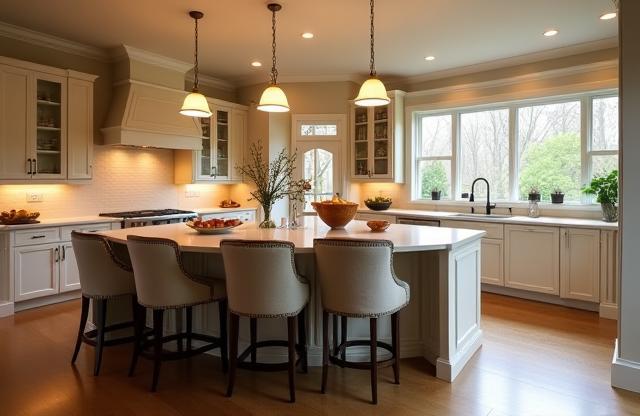 Kitchen featuring a large island with comfortable seating, ideal for family gatherings