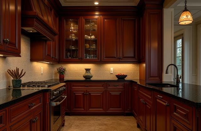 Traditional kitchen with rich dark wood cabinets and detailed molding